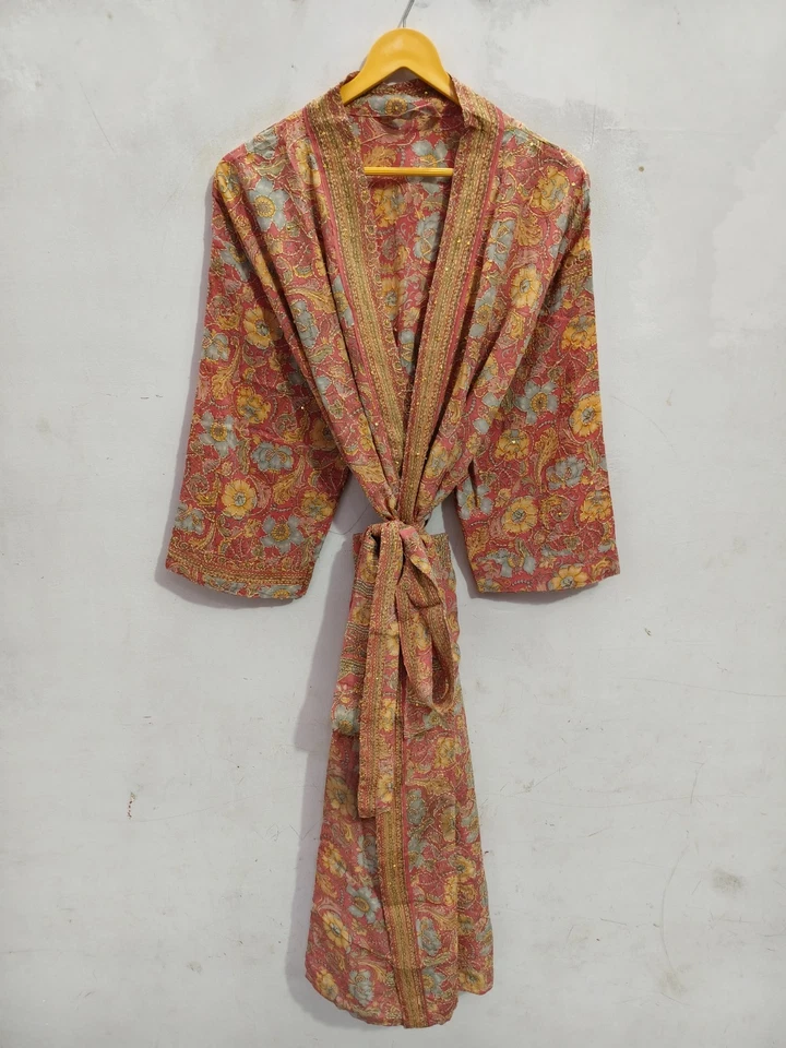 Женская пляжная одежда бикини прикрыть макси халат переработанный шелк сари кимоно, B-5738 - Изображение 2 из 4