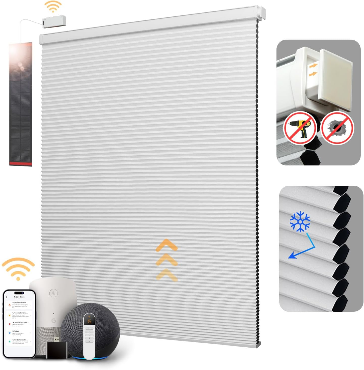 Remote Control No Drill Honeycomb Shades, Free Solar Panel, 