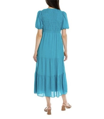 Taylor Smocked Tiered A-Line Midi Sundress in Teal Blue, Size XS W Pockets - Picture 8 of 11