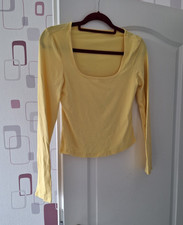 Damen Basic T-Shirt Gelb Langarm U-Boot-Aussc...