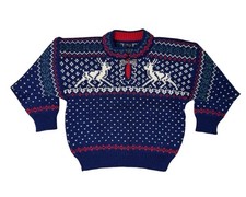 VTG Dale of Norway Sweater Wool Knit Reindeer Fair Isle Kids Size 6 Navy Blue