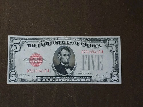 1928 $5 Dollar Red Seal B72199432A Circulated Ungraded misaligned miscut