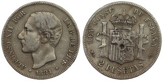 Spain 2 Pesetas 1881 Alfonso XII Silver