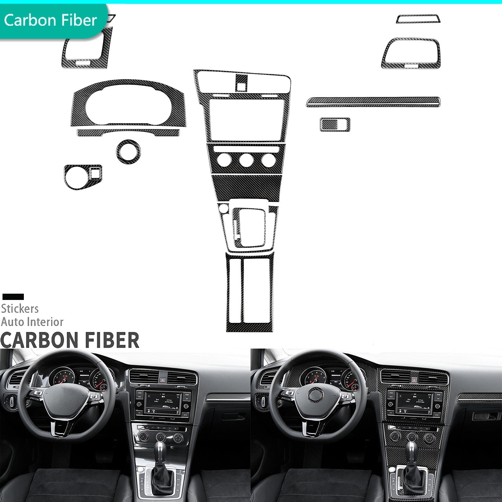 16Pcs Real Carbon Fiber Full Interior Dash Trim Kits For VW Golf 7 GTI MK7 13-19