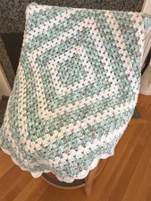 Crochet Granny Square Blanket Afghan Wrap Baby Worsted 33x33" Aqua Gray Unisex