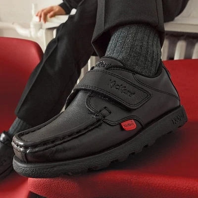 Kickers Boys Shoe Black Easy Fasten Leather School Shoe Fragma SIZE