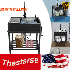 Freestanding Kitchen Sink Stainless Steel Sink w/ Faucet Water Inlet Pipes