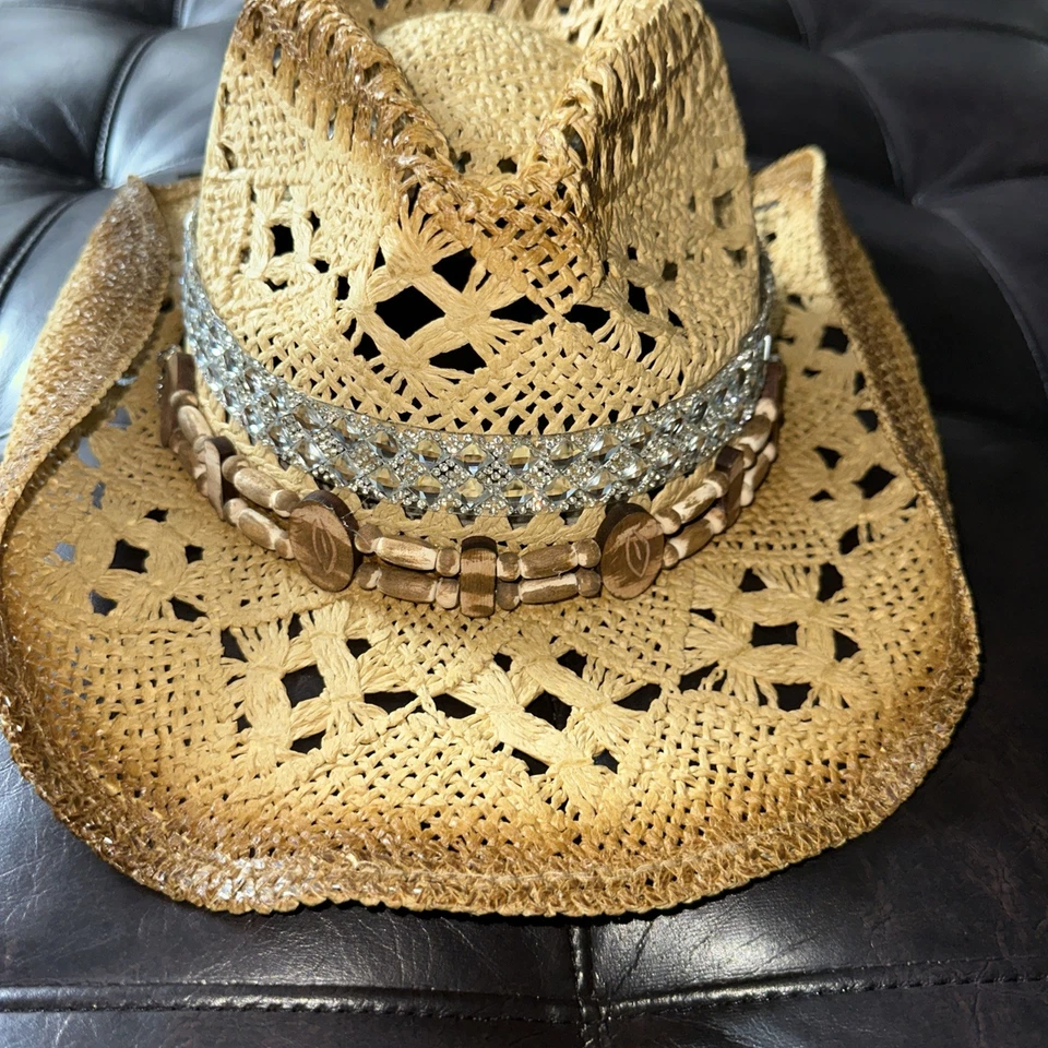 Chapéu de cowboy Peter Grimm Toyo palha tamanho único strass enfeitado frisado ombre - Imagem 2 de 4