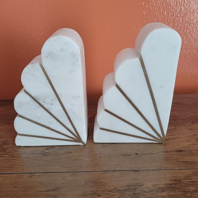 White Quartz Marble Stone Bookend Set (2) Gold Inlay Accent 6''H NEW