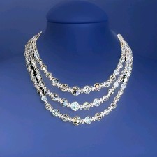Vintage 3 Strand Aurora Borealis Clear Crystal Glass Collar Choker Necklace 15"
