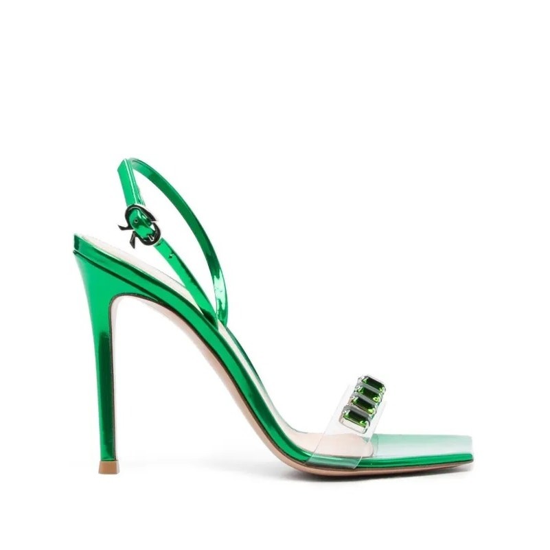 Gianvito Rossi Ribbon Candy 105mm Sandals – Metallic Green / PVC – Size 36.5 EU