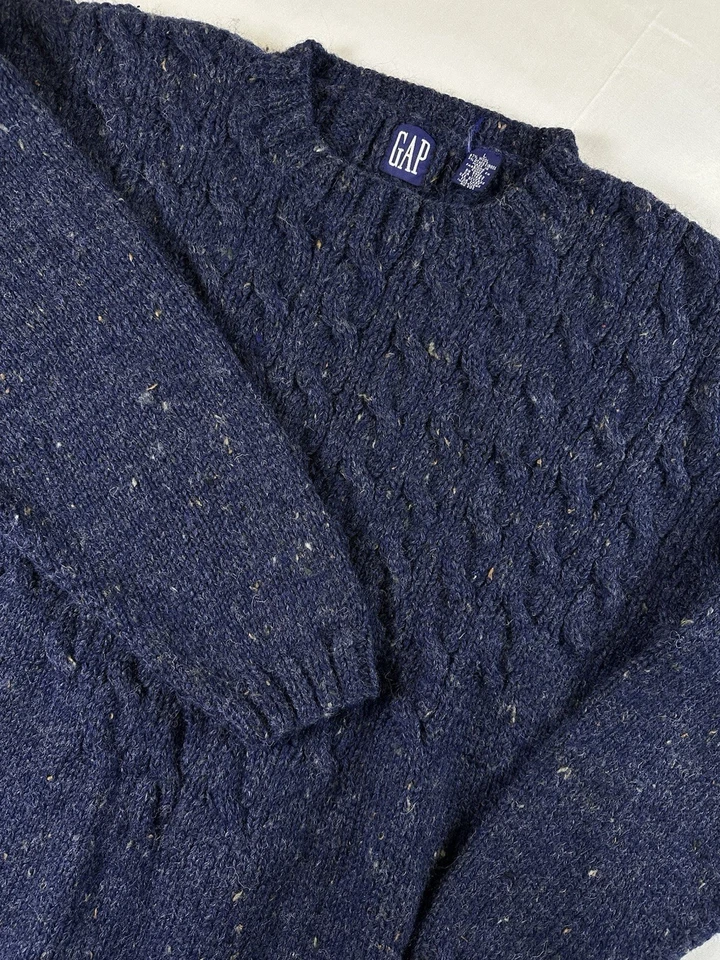 VTG Gap Chunky CableKnit Wool Sweater Men L Blue Grandpa Fisherman 90s Y2K Twill - Image 2 of 4