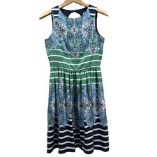 ELIZA J Green Women's Size 4 Paisley Striped Print Fit and Flare Dress Green