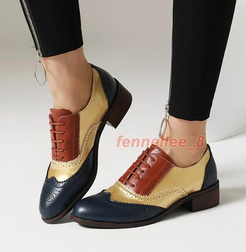 British Brogue Color Matching Womens Lace Up Wing Tip Carved Flats Pumps Shoes - Picture 11 of 22