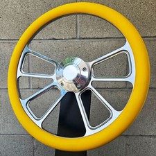 14 Cnc Billet 4 Spoke Steering Wheel With Yellow Vinyl Half Wrap And Plain Horn
