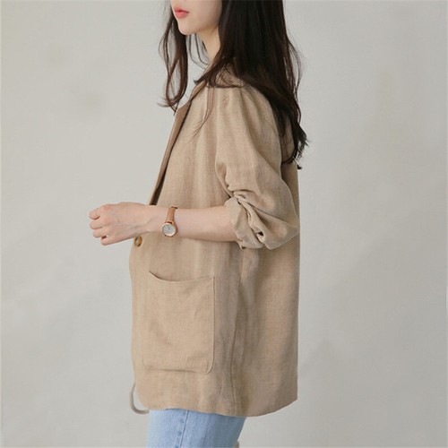 Women Cotton Linen Suit Cardigan Jacket Blazer Retro Ladies Loose Top Casual - Picture 3 of 14