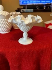 Vintage Pristine milk glass Fenton Hobnail Pedestal Compote Candy Dish Bowl Ruff