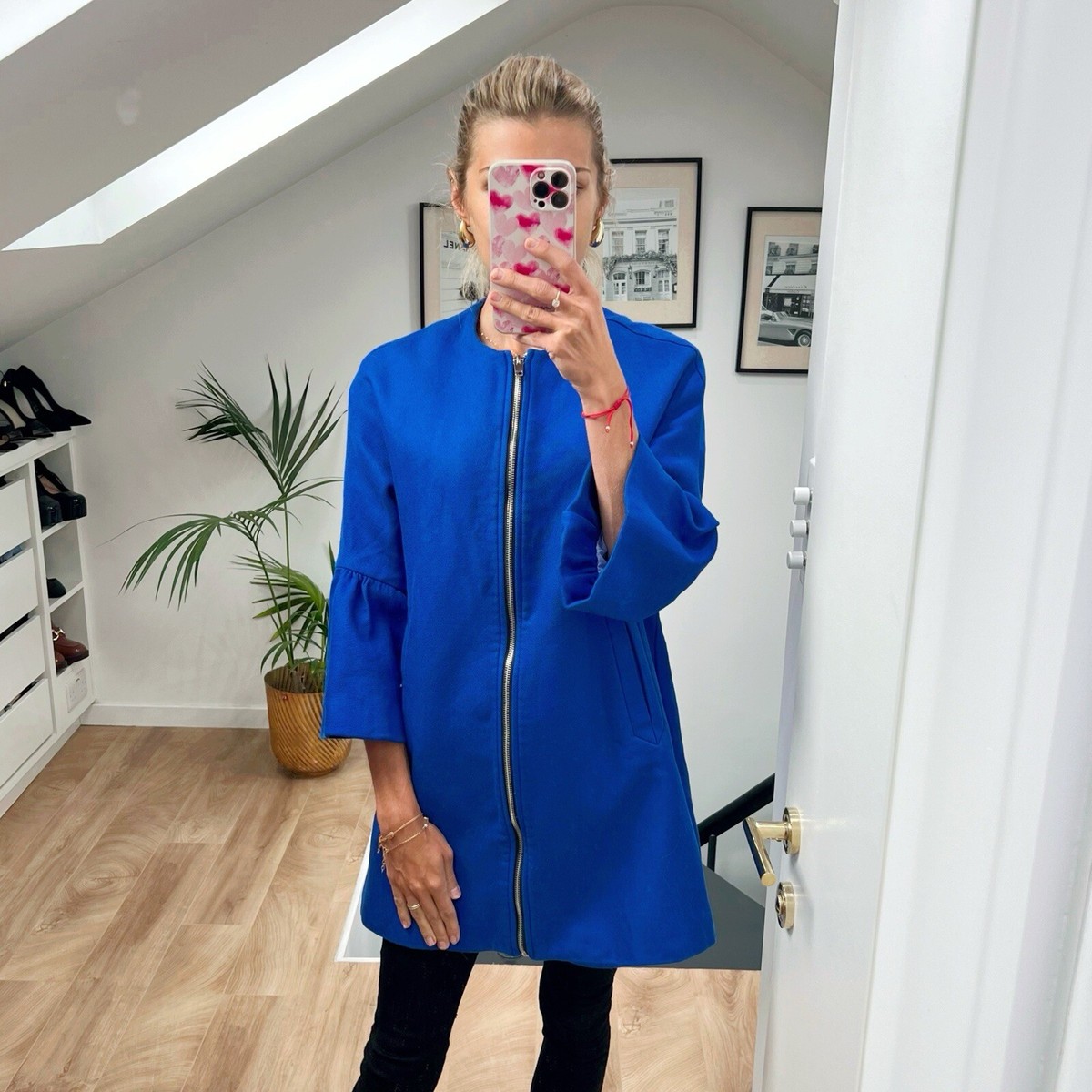 Zara Blue Flared Sleeve Zip Up Mid Length Autumn Spring Jacket