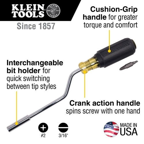 Klein Tools 67100 Multi-Bit Screwdriver, 2-in-1 Rapi-Drive Phillips and Slotted - Picture 2 of 8