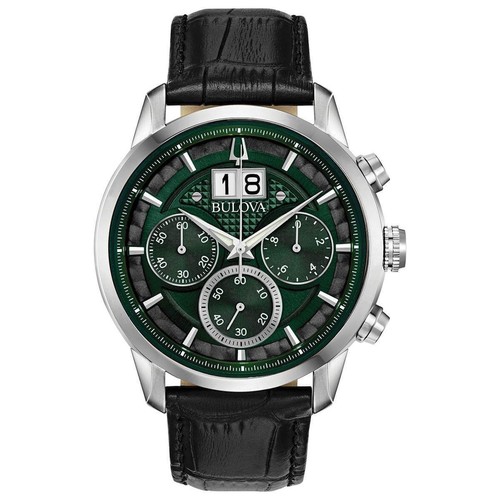 Bulova Men's Watch Sutton Chronograph Green Dial Black Leather Strap 96B310 - 第 1/4 張圖片