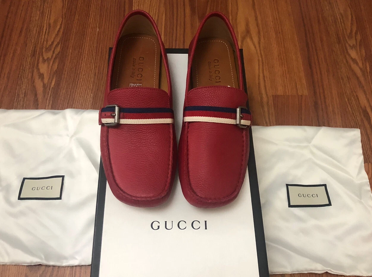 MOCASSINS GUCCI 100 % AUTHENTIQUES CUIR ROUGE HÉBRON NEUF TAILLE G 7 US 7,5