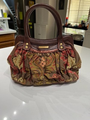 Isabella Fiore Large Floral Tapestry Leather Satchel Bag with Tassels