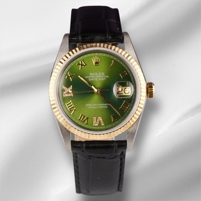 Rolex Datejust 36Mm Gelbgoldgrün Römisch Diamant Zifferblatt Lederband Uhr 16013