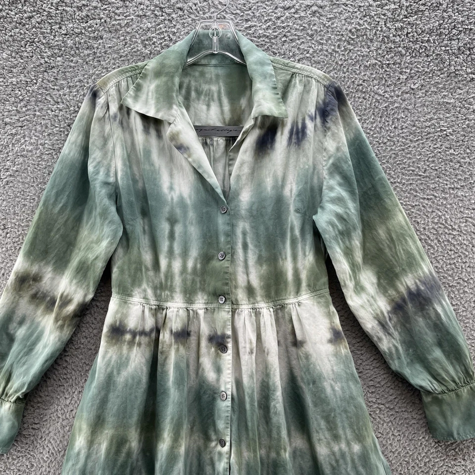 Raquel Allegra Dress Small Green Tie Dye Button Tiered Midi Collared USA Boho - Image 2 of 4
