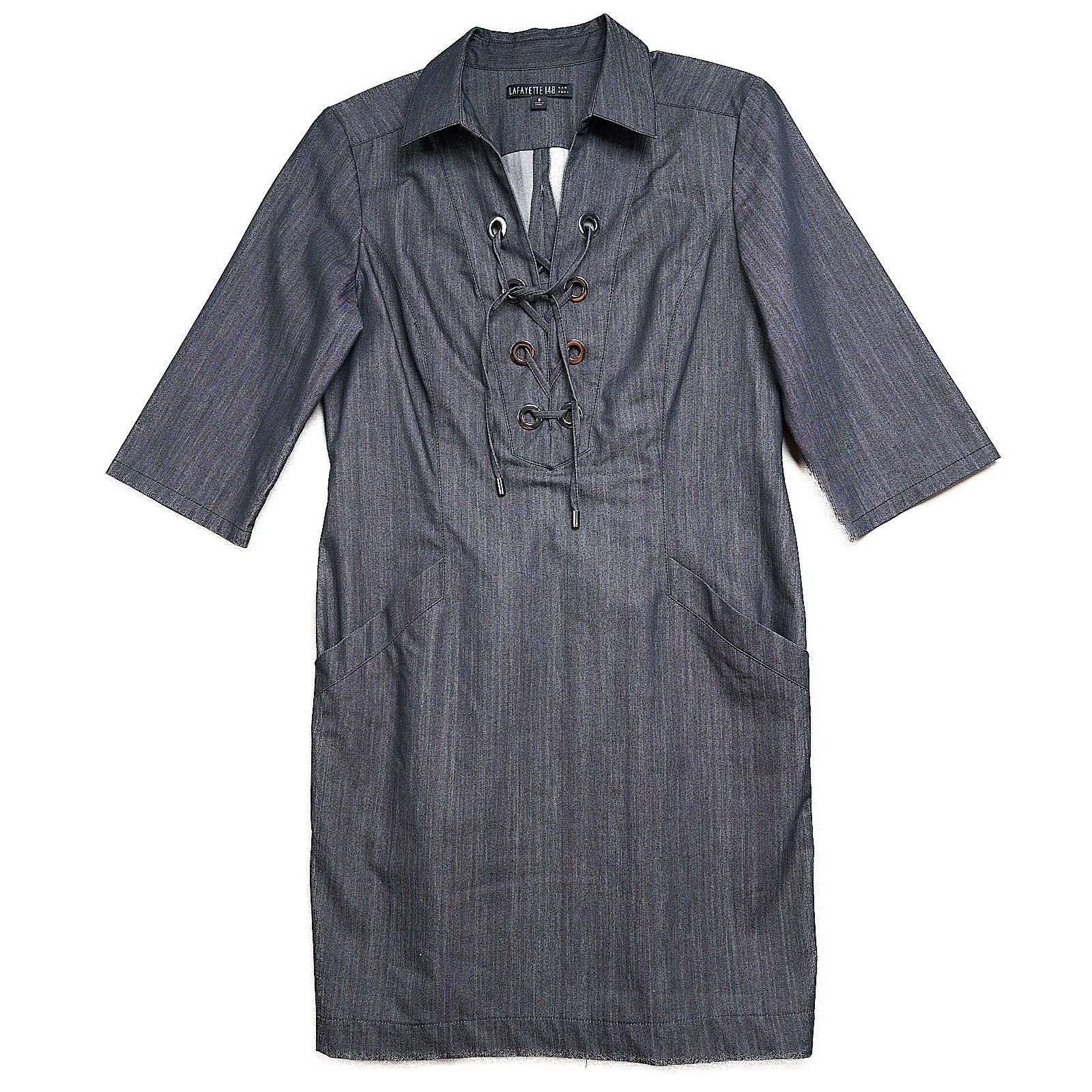 Lafayette 148 Shirt Dress Womens Sz 8 Black Denim Cotton Blend Stretch Lace Up