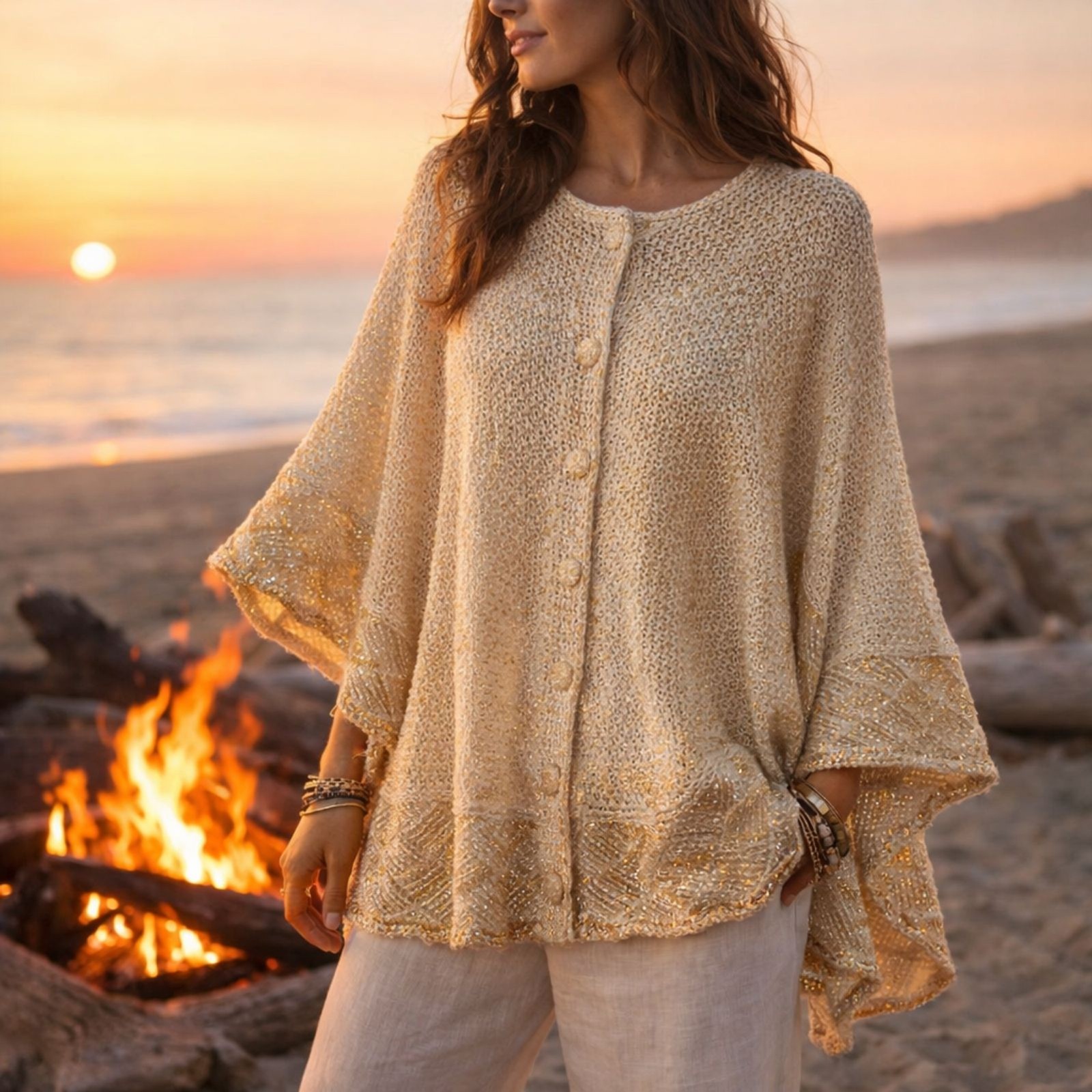 stylish boho Cotton Crochet Knit Poncho Cape Sweater Gold Metallic handmade