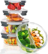 Moretoes 5pc Glass Food Storage Containers with Lid, Gray Round Single & 2 Comp