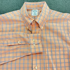 Brooks Brothers 346 Slim Fit Button Down Shirt Men 16 1/2 Coral Blue Plaid