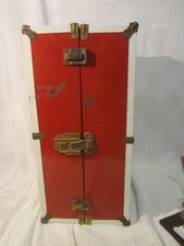 VTG 50'S-60'S METAL DOLL TRUNK, RED  WHITE W/PINK ATOMIC STAR INSIDE