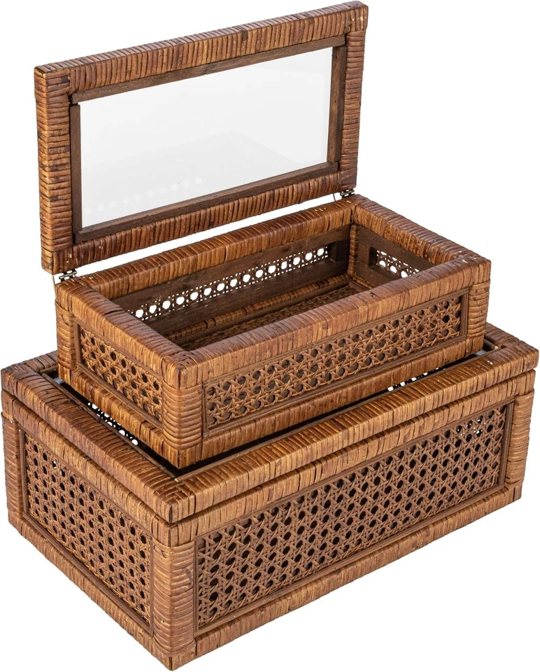 Cajas de exhibición creativas cooperativas modernas decorativas rectangulares tejidas de ratán y madera Foto 3 de 4