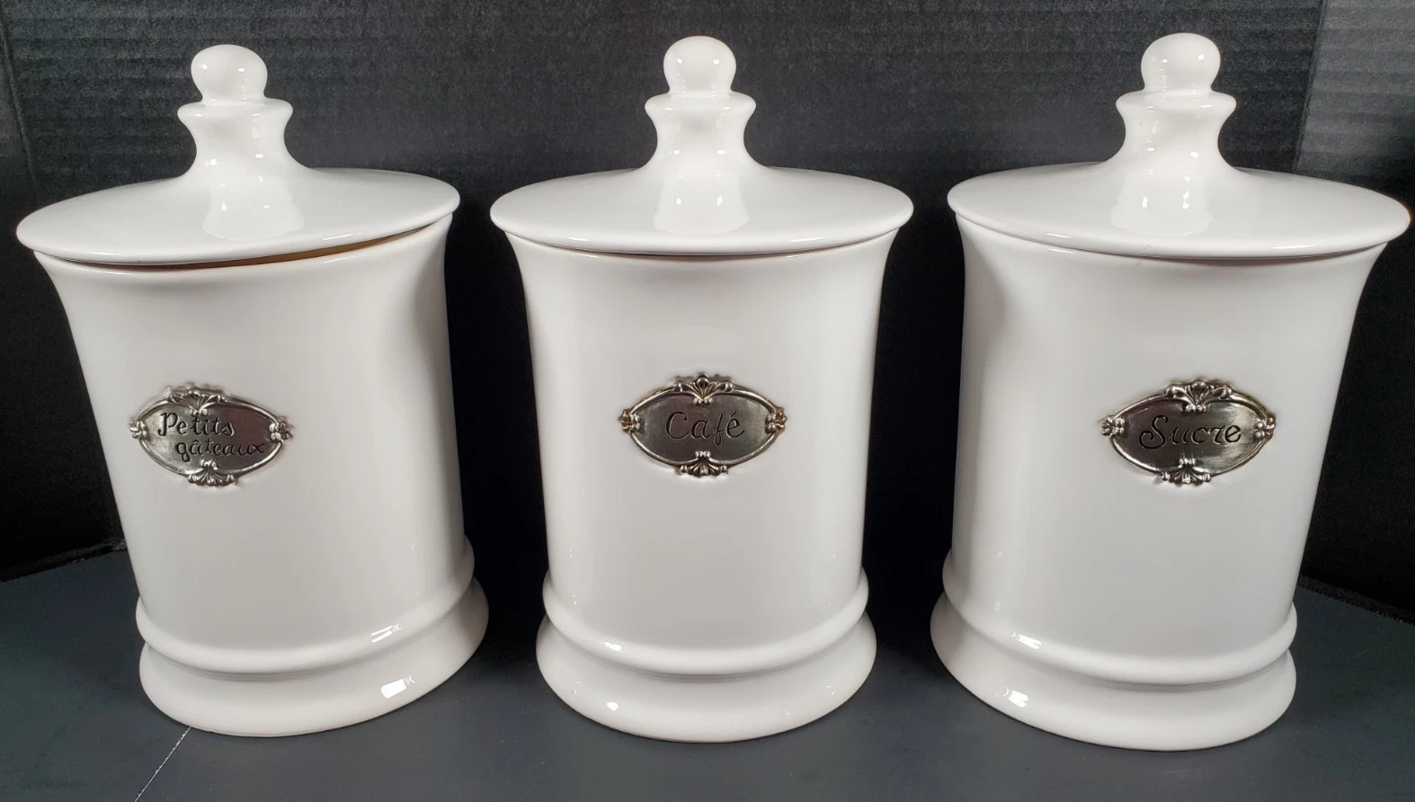 Set of 3 THL Classic French Canisters Aged Silver Emblem Country Shabby Chic