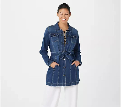 Susan Graver Regular High Stretch Denim Long Jeansjacke - Antik - XL - NEU - A374074