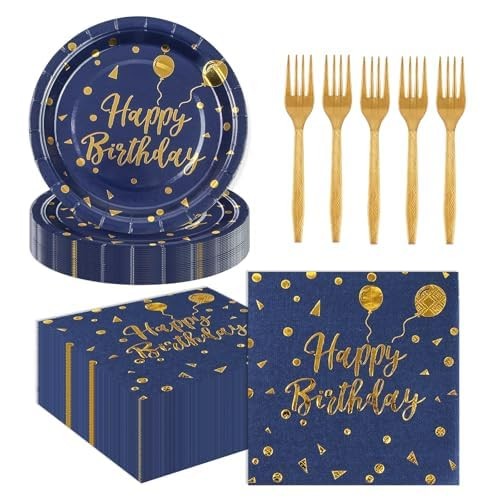 75 PCS Blue Gold Happy Birthday Party Tableware Paper Plates Napkins Set