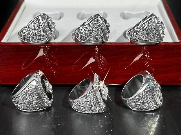 Juego de 6 anillos de campeonato Oakland/LA Raiders con caja de exhibición pieza de colección Foto 3 de 4