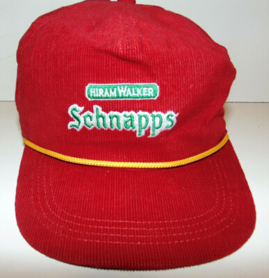 Vintage hiram walker Schnapps Liquor Red Hat Cap Strap-back Corduroy 1980s RARE 