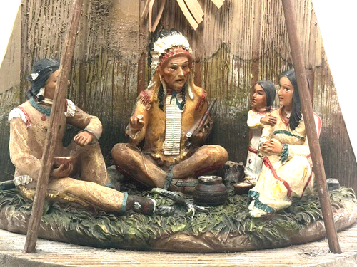 Vintage Figurine Genuine Indian Handicraft Teepee Scene Wood Leather