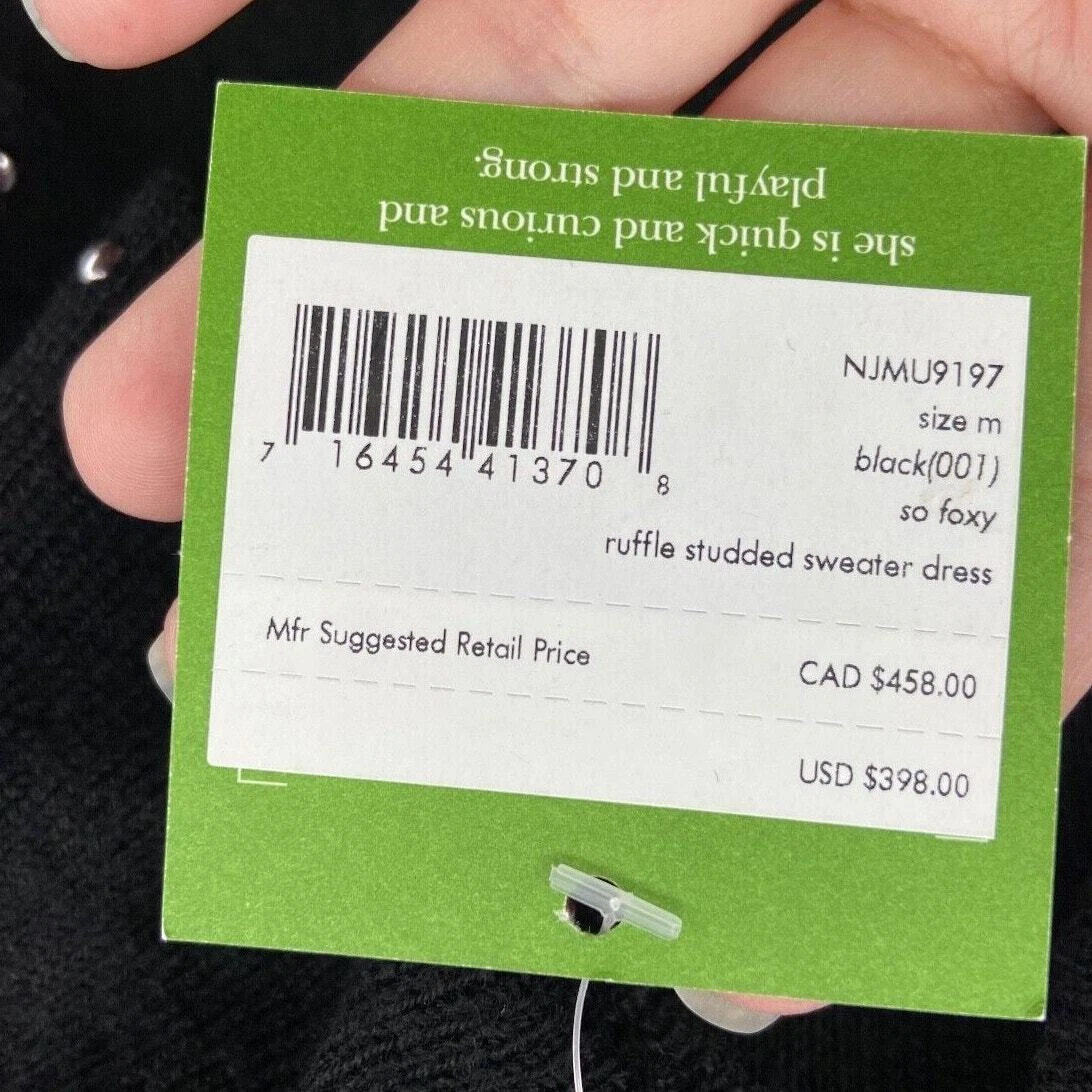 Abito donna Kate Spade nuovo con etichette maglione nero medio arricciato borchie linea A $398