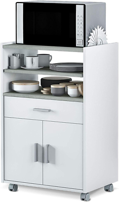 Mobile Da Cucina Hogar 24 Per Microonde | Bianco, 60x80x40cm, Con Ruote - Scaffale Superiore E Inferiore, 2 Ante - Foto 6