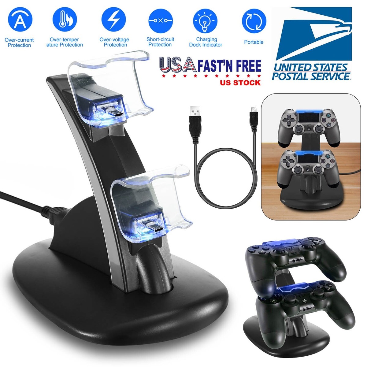 Dual USB Charger LED Station Dock Fast Charging Stand For Sony PS4