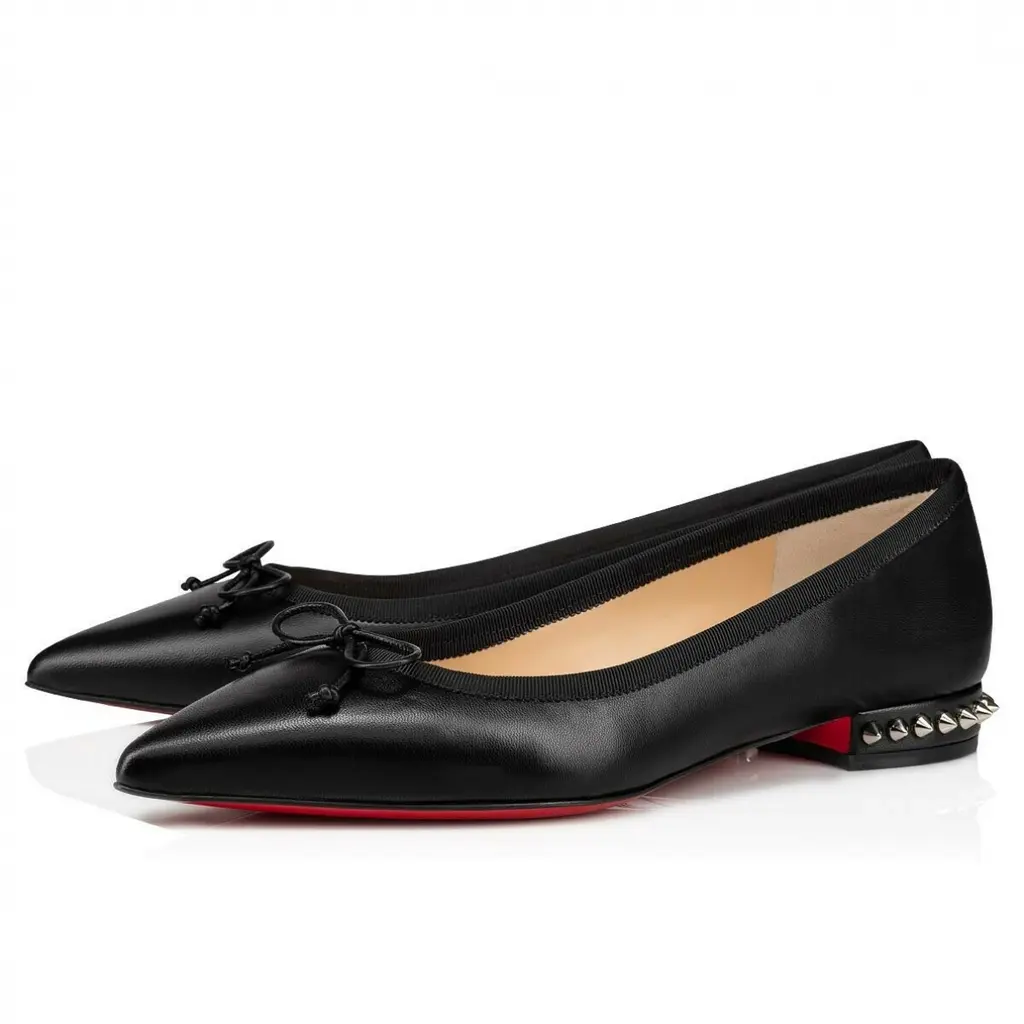 Christian Louboutin Hall Flat Black Leather Spike Pointed Toe Ballerina 37.5