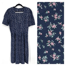 Vintage Scandels Floral Print Drop Waist Midi Dress Navy Blue Size 6 CottageCore