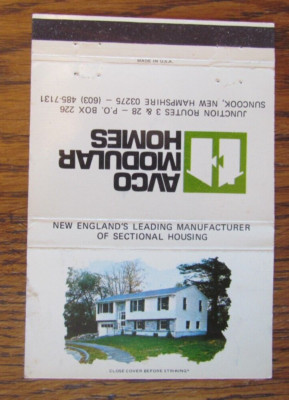 40 STRIKE MATCHBOOK COVER: AVCO HOMES SUNCOOK, NEW HAMPSHIRE EMPTY MATCHCOVER B9