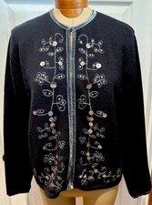 Garnet Hill Black 100 Merino Wool Sweater Beaded Cardigan M