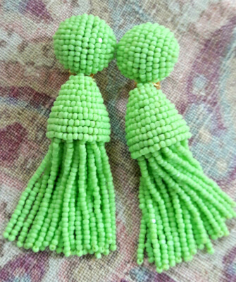 Oscar de la Renta beaded tassel clip earrings lime-green ohrclips