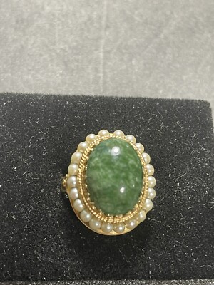 Beautiful Ladies 14K Yellow Gold Green Jade & Pearl Cocktail Ring 8.5 grams