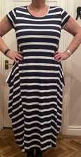 Lagenlook Arty BOHO Navy & White Stripe jersey DRESS 44” Bust Stretch Boxy Drape